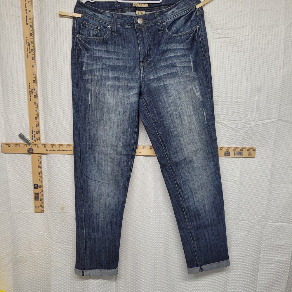 Earl Jean Womens Dark Wash Distressed Boyfriend Jeans Cuffed Denim Blue Size 10